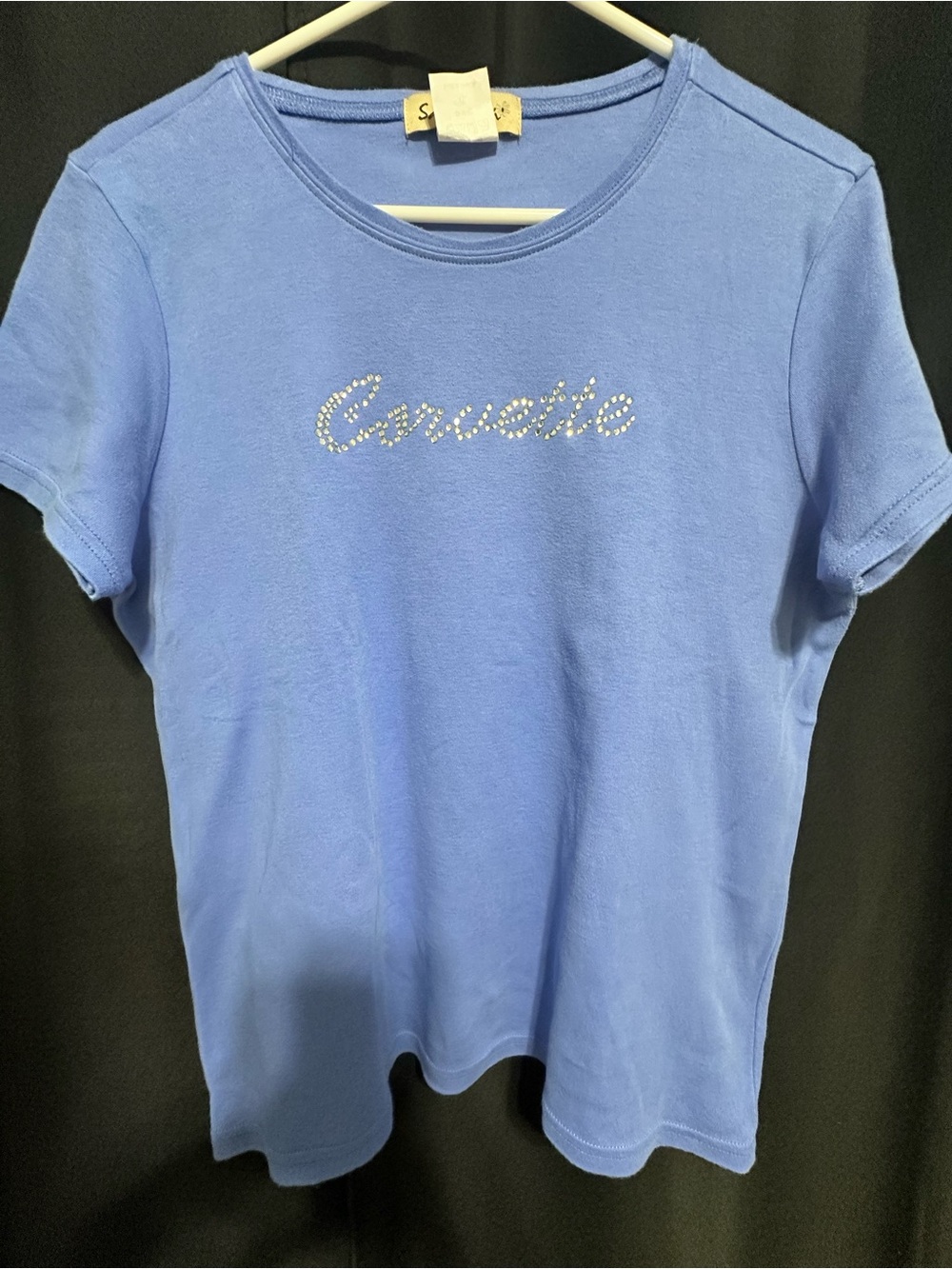 Vintage Savannah Brand Periwinkle Blue “Corvette” Rhinestone Graphic Tee, XL